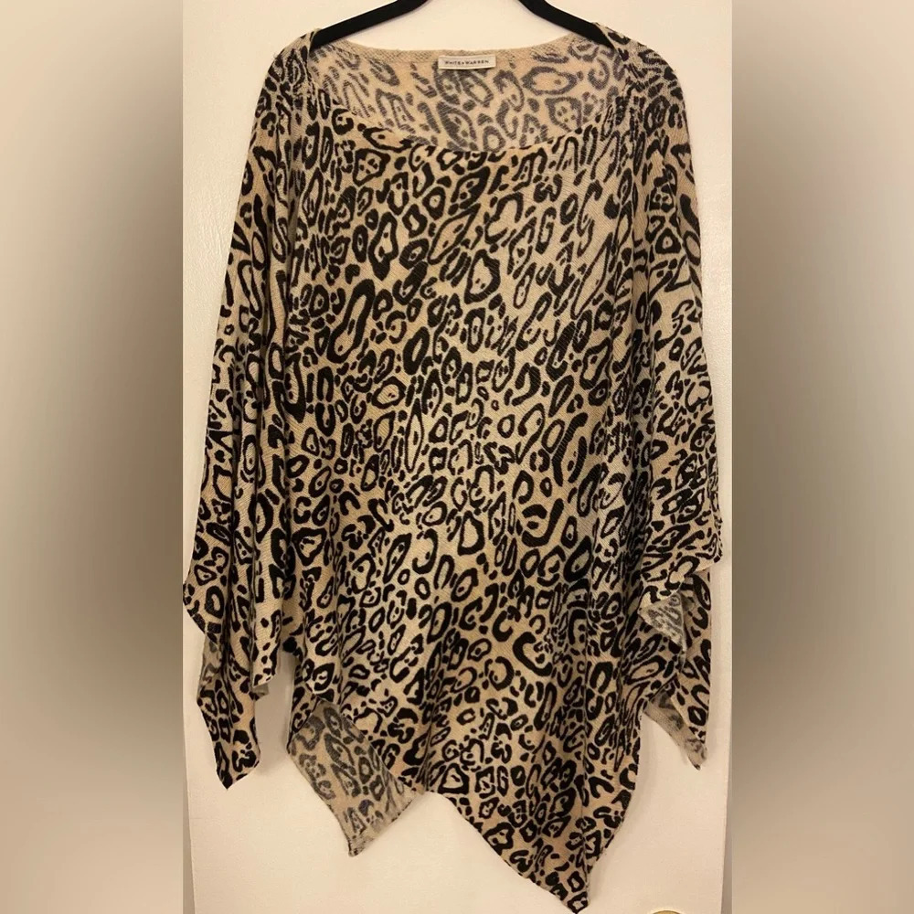 White + Warren Leopard Cashmere Poncho Cream and Black One Size